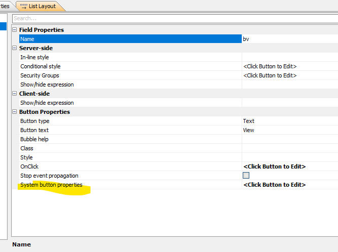System button properties in Field tab